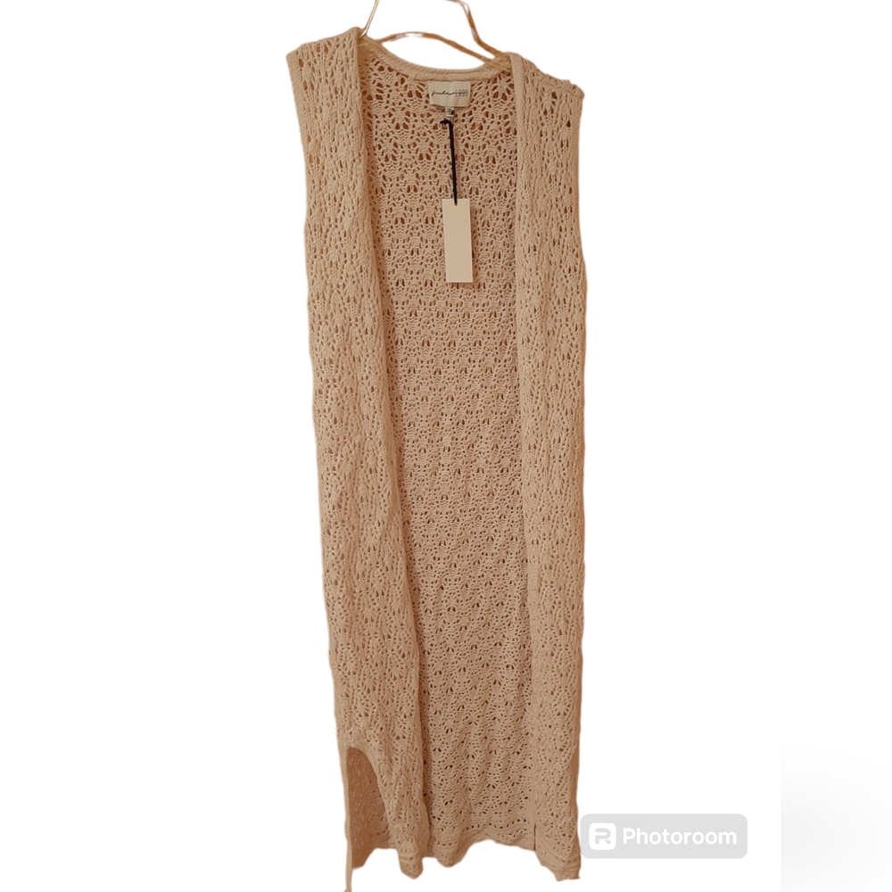 Freshman 1996 Boho Maxi Crochet Cardigan Open Sleeveless Cream Color Size XS NWT